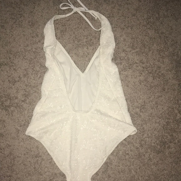 White lace, deep V, cheeky one piece swimsuit - Picture 2 of 2